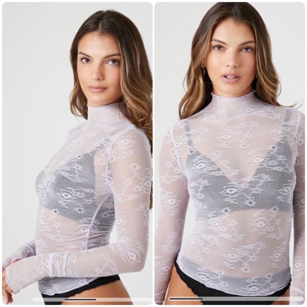 NWT Forever 21 Sheer Lace Mock Neck Top With Thumbholes Lavender Small